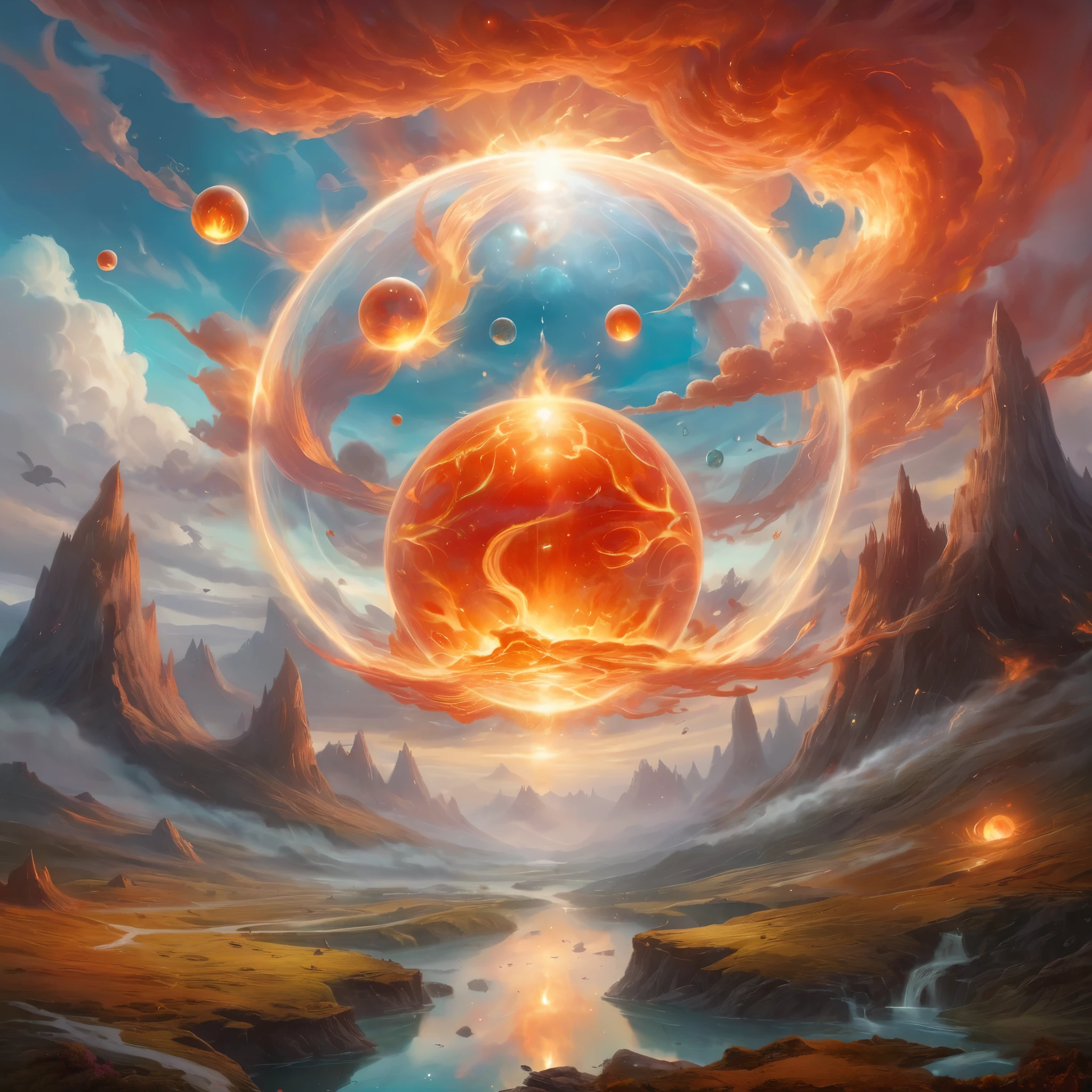 A fantastical depiction of the fiery sphere in the sky and landscape, with magical, otherworldly elements and vibrant, imaginative details.