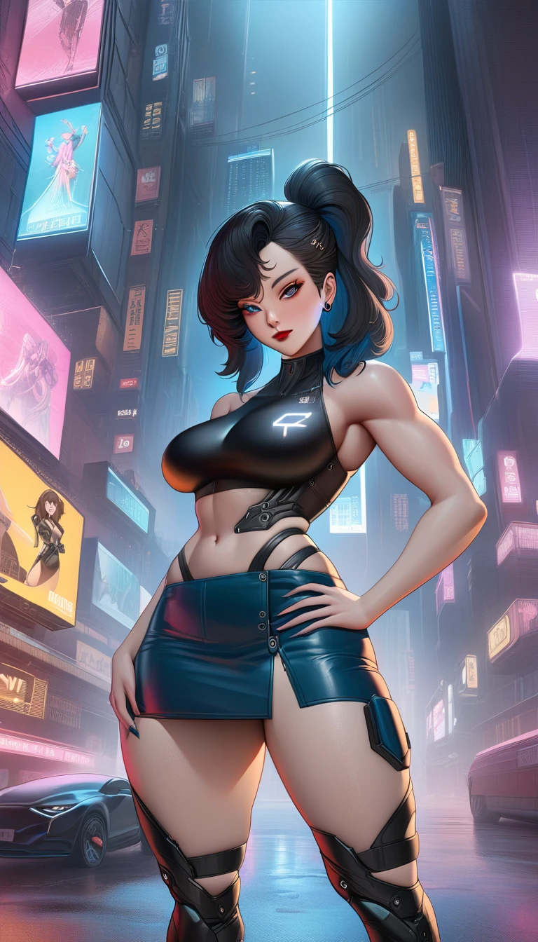 Anime girl in short skirt and black top posing for a photo., artwork in the style of guweiz, trend on cgstation, cyberpunk anime girl, cyberpunk 2 0 years. o model girl, cushart krenz art key women, seductive anime girl, urban girl fanart, guweiz and artstation pixiv, female cyberpunk anime girl, artistically gigantic