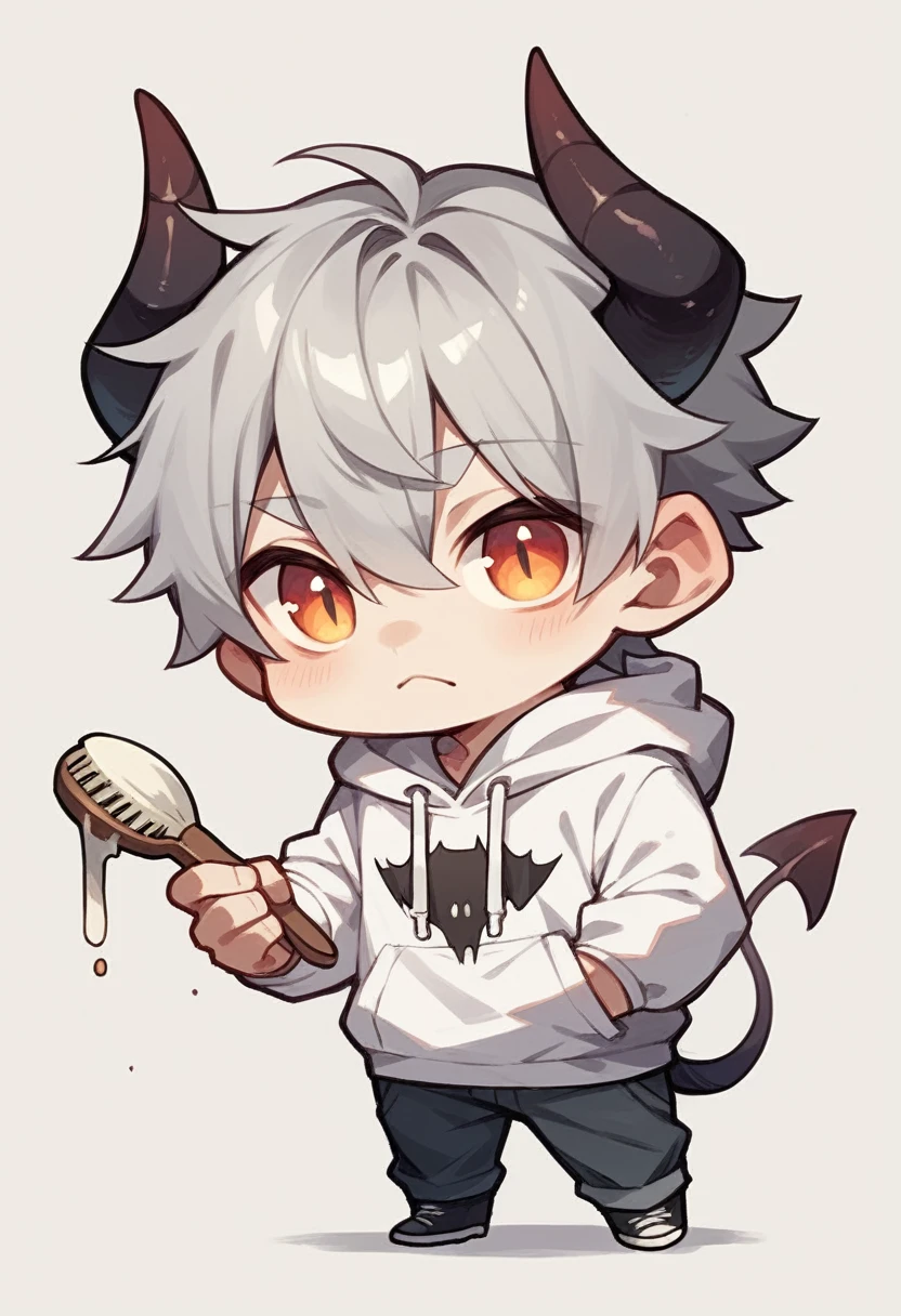 chibi drawing, Boy, white, with gray hair, wearing a white hoodie and black demon horns, with a brush in hand
