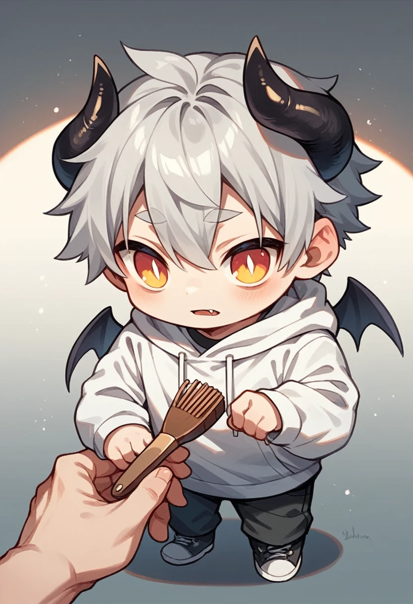 chibi drawing, Boy, white, with gray hair, wearing a white hoodie and black demon horns, with a brush in hand