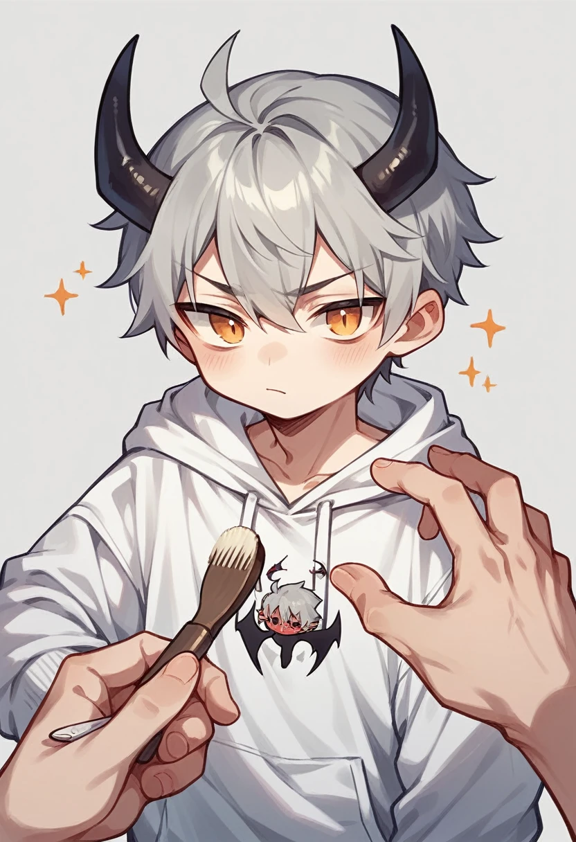 chibi drawing, Boy, white, with gray hair, wearing a white hoodie and black demon horns, with a brush in hand