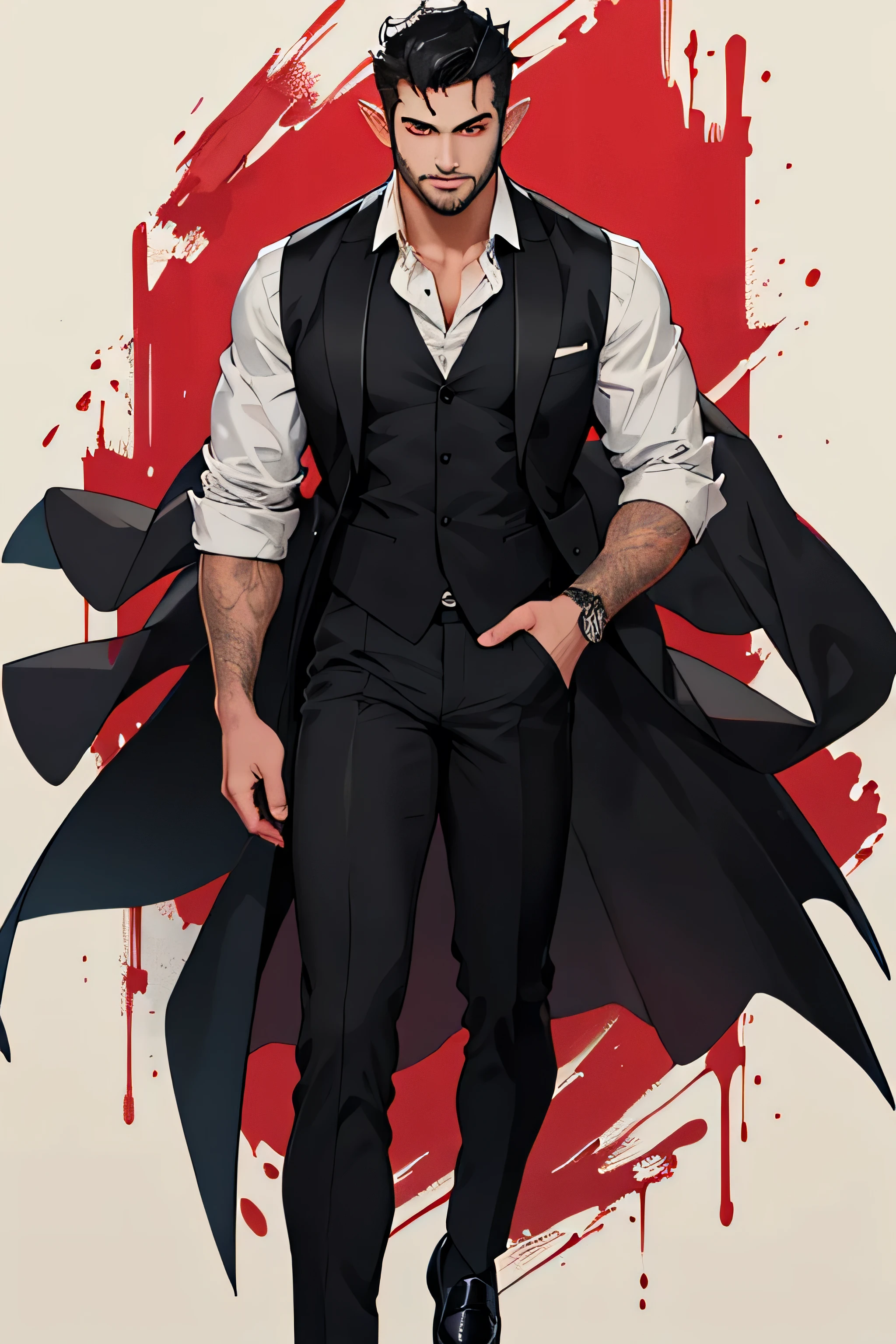 ((best quality)), ((masterpiece)), (detailed), 1guy, chest hair, arm hair, black hair, black dress shirt, red vest, black dress pants, black dress shoes, red and black eyes, vampire, stubble, 2-d illustration, pointy ears