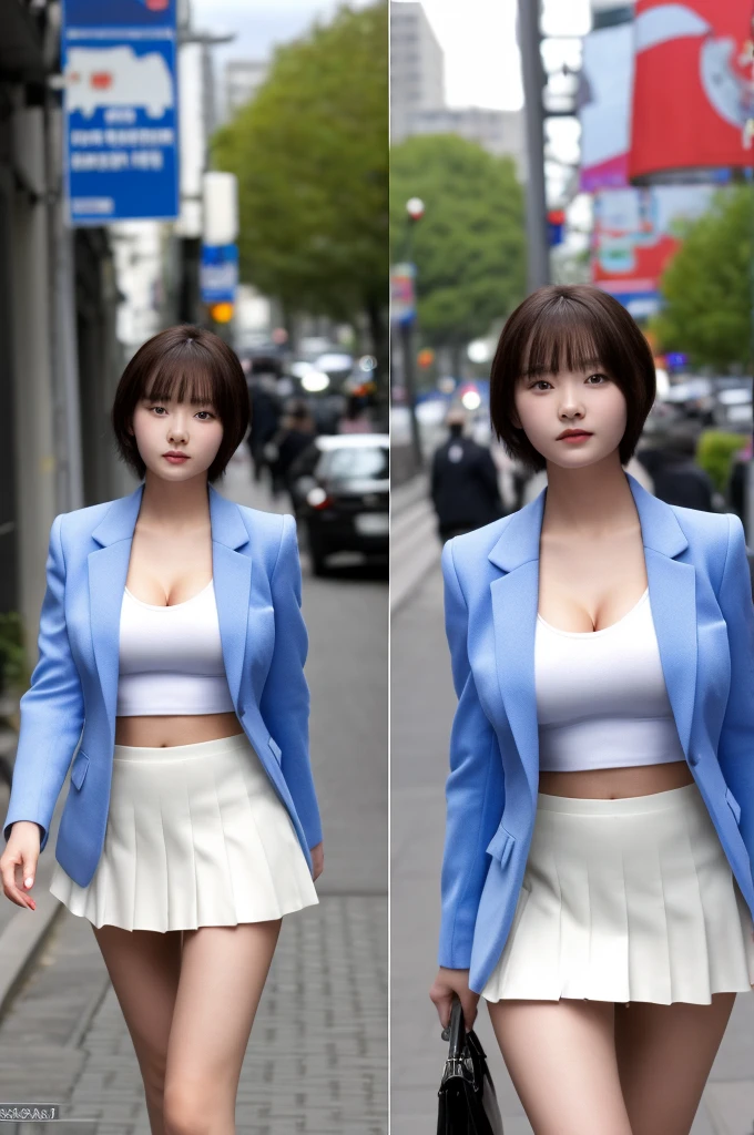 a 19 year old face of the most beautiful actress in the world, the perfect body proportions of a female, worn blazer on formal shirt is tight thanks to large breasts of a female, panties between bare legs under short skirt are almost seen, short hair cut above the ears of a female, standing, at city street, large breasts of a female, nsfw, best quality, highly detailed, masterpiece, ultra high res, photo realistic, 8k