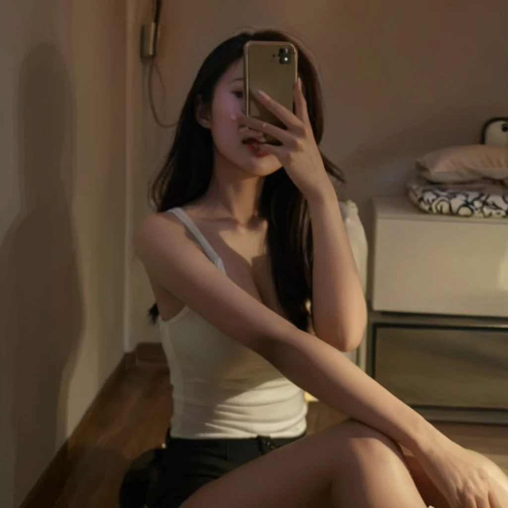 masterpiece, best quality, {best quality}, {{masterpiece}}, {High resolution}, focus, Selfie photo of an Asian woman, Sexy Asian girl taking selfie in mirror using mobile phone, The mobile phone blocks most of the faces, long hair, black hair, heterochromatic eyes, Confident and attractive appearance, True skin color, Perfect body shape, Slender and perfect female fingers,
