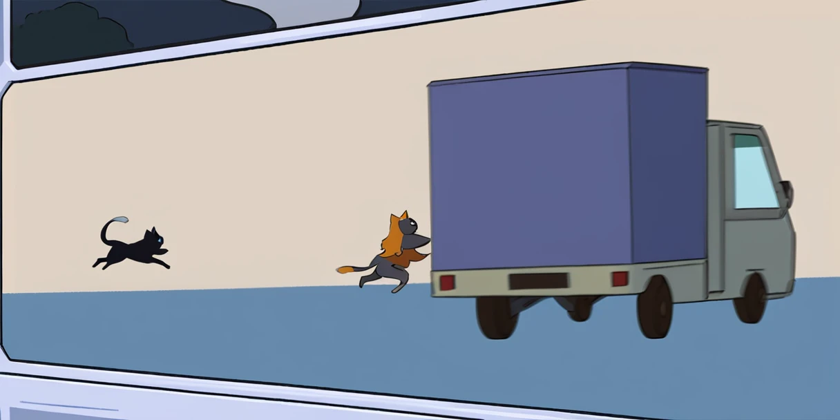 cartoon of a truck with a cat in the back and a cat in the back, animation still screencap, cat from the void, cat summons a spaceship, a cat, no tail, videogame still, animated still, the cat who could drive a car, drawn with photoshop, cat summoning a spaceship, feral scene, cut-scene, ninja cat, running cat