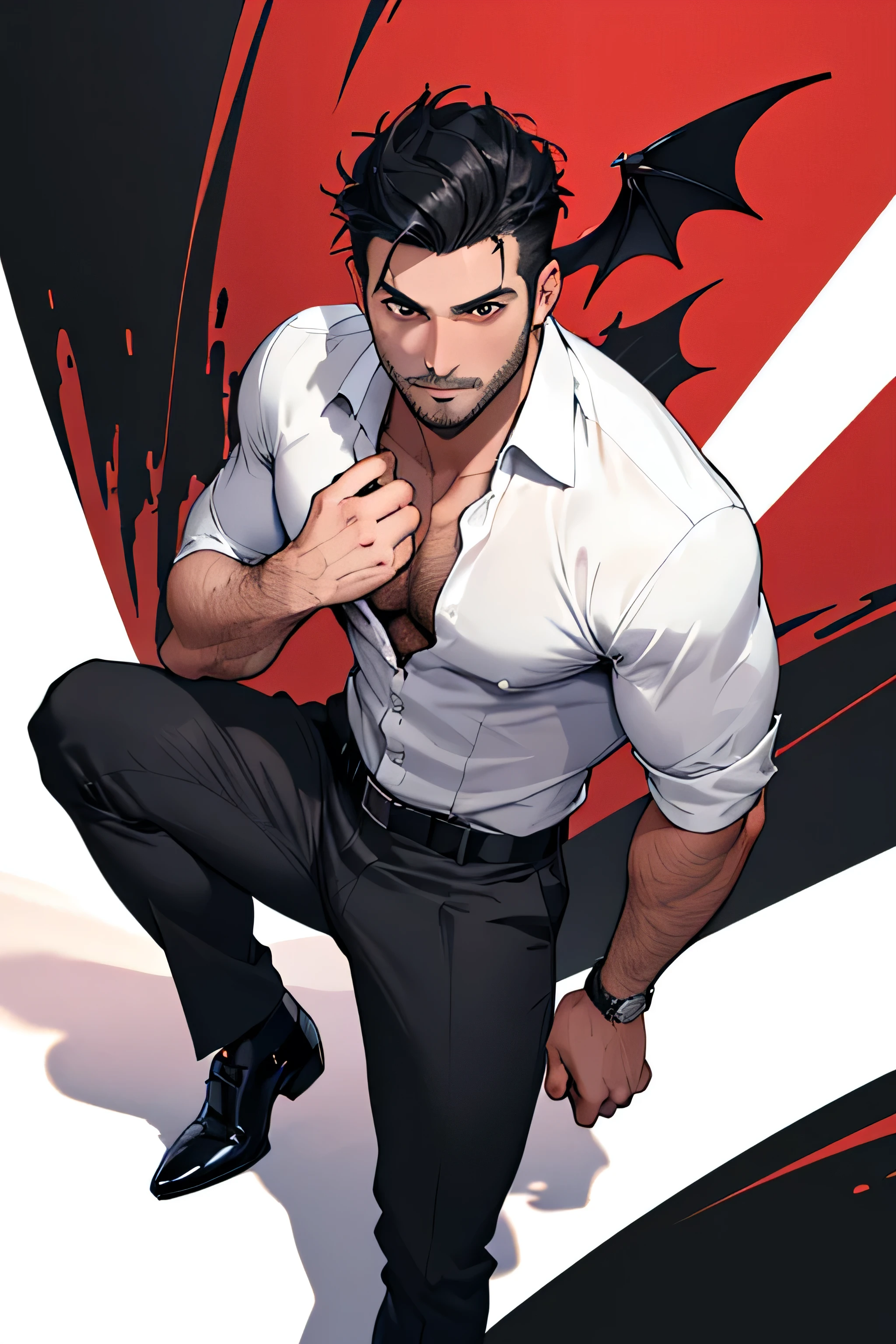 ((best quality)), ((masterpiece)), (detailed), 1guy, chest hair, arm hair, black hair, open white dress shirt, black dress pants, black dress shoes, black eyes, vampire, stubble, 2-d illustration