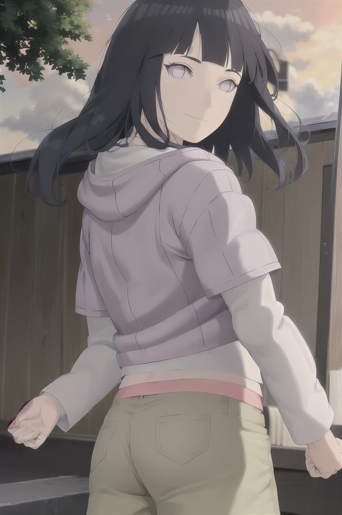 masterpiece, absurdres , (intricate details), (colorful),cinematic lighting,extremely detailed CG unity 8k wallpaper ,hinata\(boruto\), 1girl, solo, purple hoodie ,brown pants, from behind,layered sleeves, cowboy shot, looking back, looking at viewer,smile, outdoors, lavender flower field,flower, day, cloudy sky, wind, floating hair, falling petals