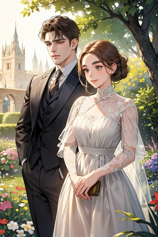 detailed fantasy illustration of a young woman with light brown hair in a chignon, with an innocent look, droopy eyebrows and eyes, a round face and chin, and big eyes with natural makeup and a gentle smile, wearing a revealing outfit, in a garden full of colorful flowers and soft lighting, with two handsome men in suits standing nearby, one with a cool expression and the other with a bright smile, the woman appears shy and embarrassed as the men approach her, romance and intimacy in the scene