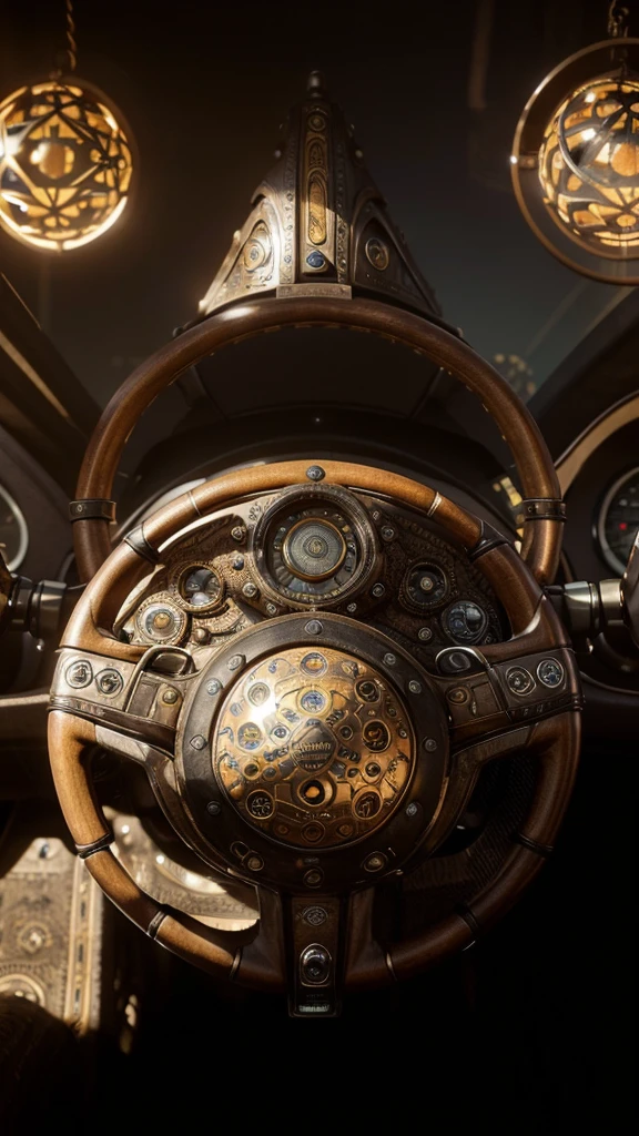 a fearsome steering wheel, with spheres surrounding it that contain great powers, each sphere representing a different color, intricate steampunk design, highly detailed, cinematic lighting, dramatic shadows, vivid colors, photorealistic, 8k, award-winning concept art