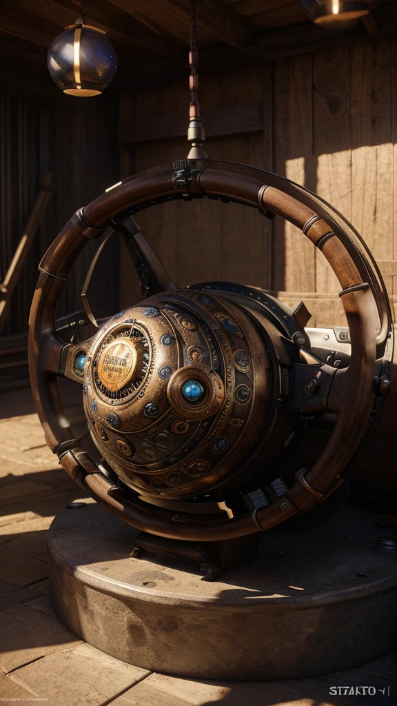 a fearsome steering wheel, with spheres surrounding it that contain great powers, each sphere representing a different color, intricate steampunk design, highly detailed, cinematic lighting, dramatic shadows, vivid colors, photorealistic, 8k, award-winning concept art