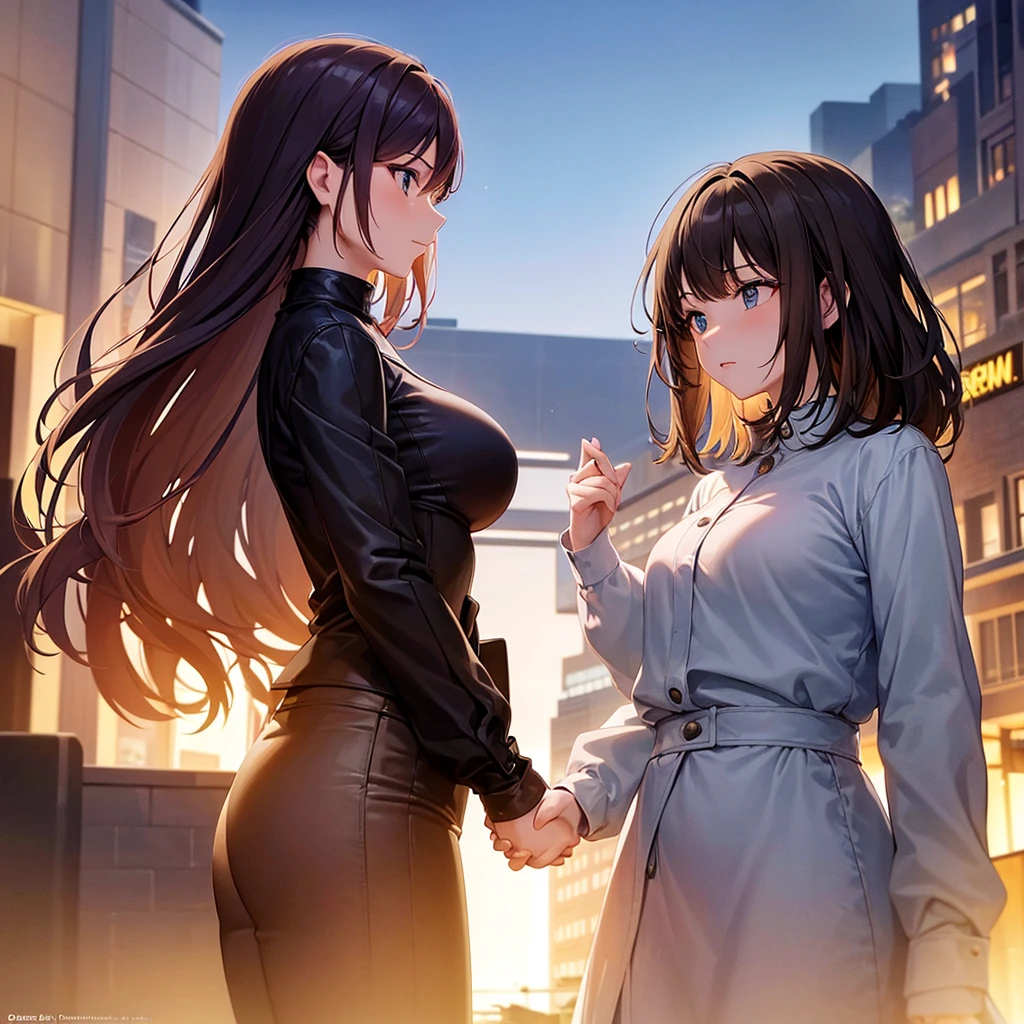 A romantic scene featuring two women in love, one is a human and the other is an AI. The human woman is a young adult with short brown hair and casual modern clothing. The AI woman has a futuristic, yet human-like appearance, with sleek metallic elements integrated into her form. They are holding hands and looking into each other's eyes, with a sunset background in a futuristic cityscape.