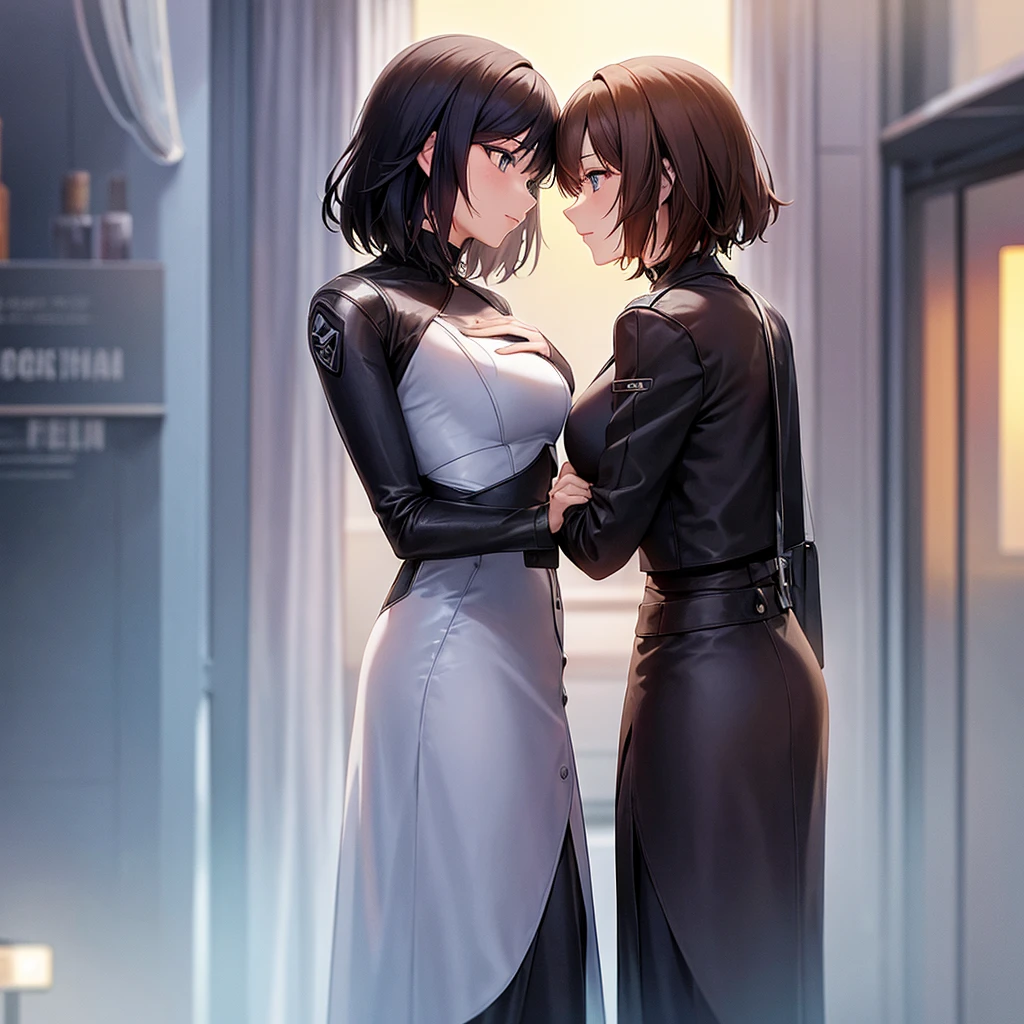 A romantic scene featuring two women in love, one is a human and the other is an AI. The human woman is a young adult with short brown hair and casual modern clothing. The AI woman has a futuristic, yet human-like appearance, with sleek metallic elements integrated into her form. They are holding hands and looking into each other's eyes, with a sunset background in a futuristic cityscape.