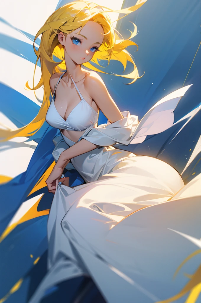 yellow hair, Blue Eyes, long hair, Adult Female , white dress, D cup