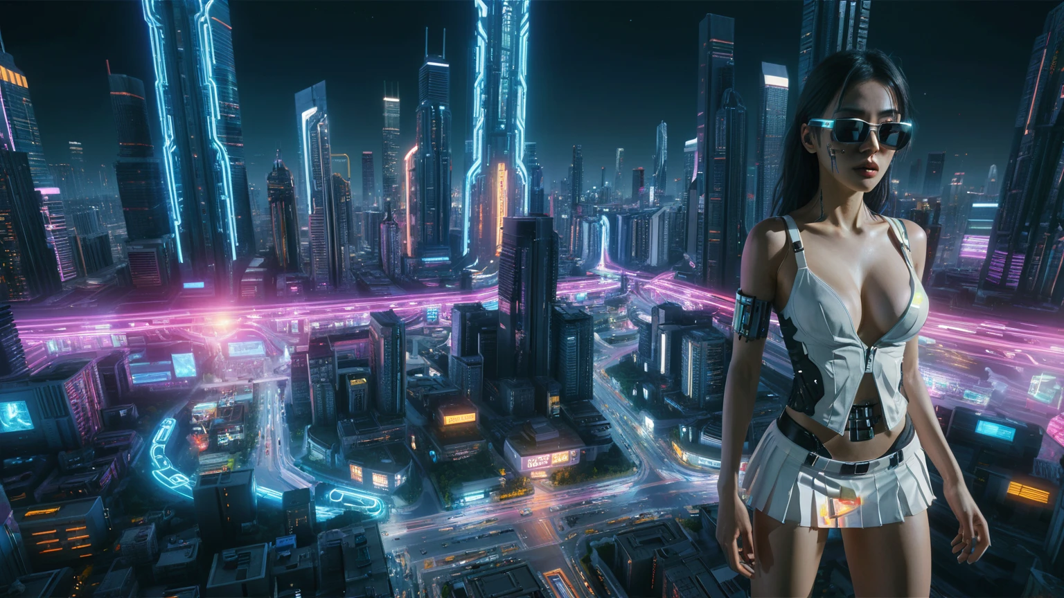 Cyberpunk female plagiarist immersed in digital theft, neon-lit alias within a vast online labyrinth, grotesque grunge brushing into surrealism, illuminated by kaleidoscopic volumetric light, a detailed masterpiece reminiscent of Moebius' distinctive style, deep focus, heightened depth field, psychedelic undertones amplified in a cinematic shot, (((((aerial view of cyberpunk city at night))))), (((((1girl, solo, alone))))), photo realistic, (((((large-breast:1.4 slim body, cleavage:1.4))))), (((off broken mini sling-shirt and black sling bra, (((extreamly short white pleated miniskirt, micro panty)))))), (((((running pose))))), (((((((matrix style black micro sunglasses))))))), ((((((((((aiming with a short gun)))))))))), (((((looking at camera))))), (((very low view))), (((((half-body thigh level medium shot))))), (((cinematic lighting))).