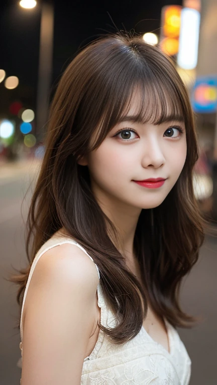 Tabletop, Highest quality, shape, Very detailed, finely, High resolution, 8k wallpaper, 完璧なダイナミックな構shape, finelyて美しい目, Wearing a stylish dress,Medium Hair,Natural color lip, smile,Harajuku、Teenage Girl、cute、Looking into the camera、C Cup、Brown Hair、Blurred night New York background