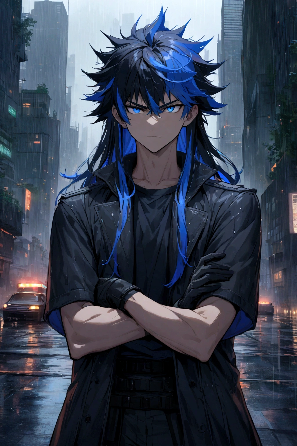  boy, spiky hair, long hair, multicolored black and blue hair, black and blue eyes heterochromia, serious face, Simple smile, dark blue shirt, baggy black short-sleeved overcoat, medium length black gloves, crossed arms, scenery in a rainy city with skyscrapers