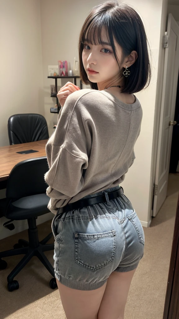 masterpiece, best quality, illustration, Super detailed, fine details, High resolution, 8K,wall paper, perfect dynamic composition, full body photo, back view, Put your hands on the chair and stick your butt out., (Details High quality, realistic depiction of eyes:1.3), 20 year old girl, Gravure Idol, cute type, large breasts, short bob hair, black hair color, Korean style makeup, Big Natural Color Lip, thick thighs, perfect body shape, plump figure,large hips, champion gray sweatshirt, denim short pants, Leather belt, necklace, earrings, messy room