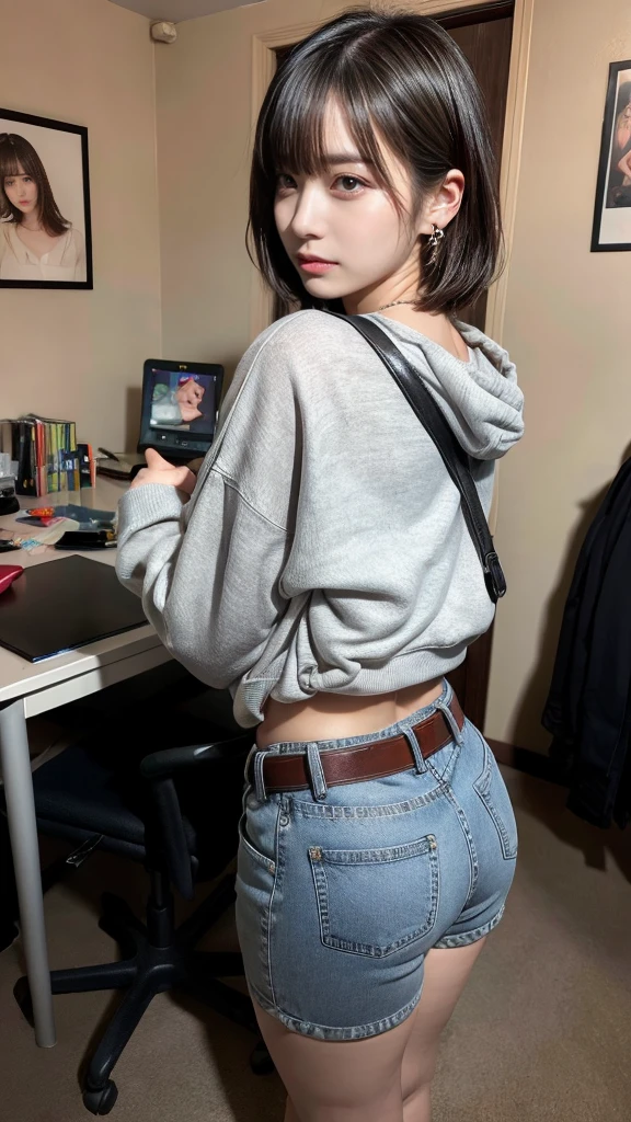 masterpiece, best quality, illustration, Super detailed, fine details, High resolution, 8K,wall paper, perfect dynamic composition, full body photo, back view, Put your hands on the chair and stick your butt out., (Details High quality, realistic depiction of eyes:1.3), 20 year old girl, Gravure Idol, cute type, large breasts, short bob hair, black hair color, Korean style makeup, Big Natural Color Lip, thick thighs, perfect body shape, plump figure,large hips, champion gray sweatshirt, denim short pants, Leather belt, necklace, earrings, messy room