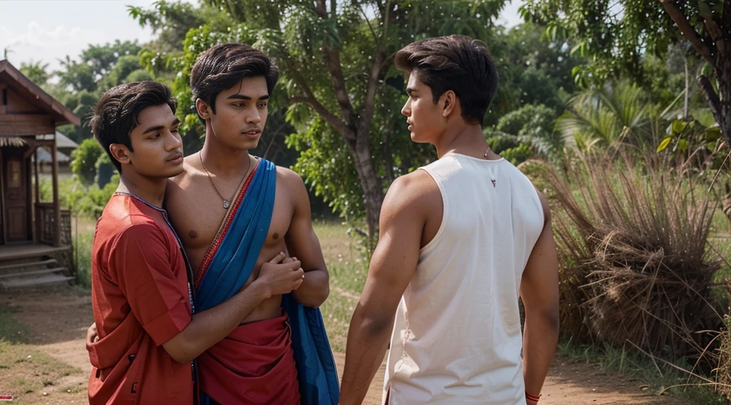 Two male friend 20 years old, they are wearing indian vilage dress, red and blue. Backgroun natur indian vilage look. Ultra high quality animatin, One friend is saying goodbye to another friend to go to town, another friend is listening
