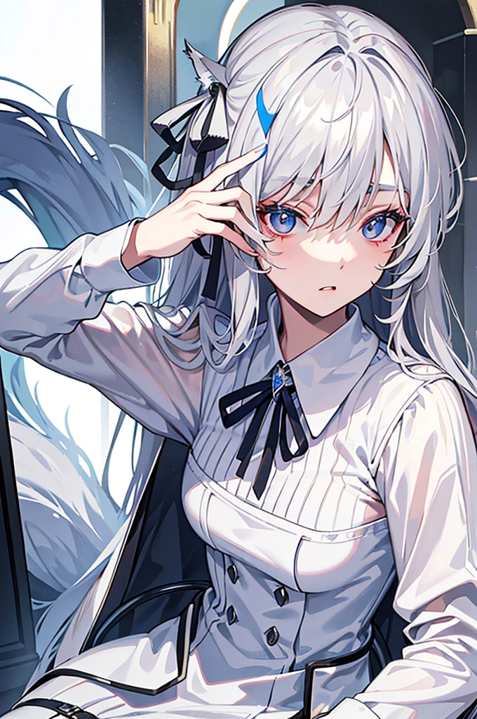 best qualtiy,tmasterpiece,The is very detailed,4K,Gray hair and shallow eyes,Drag cool expressions,Wolf ears,Erect scar on the left eye,British style,1girl,Absolutely beautiful, big bust, white costume, ear ribbon