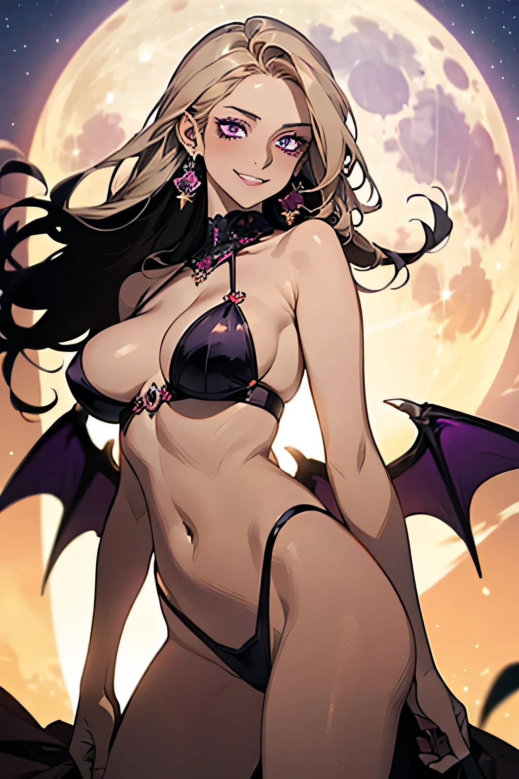 Succubus,Blonde,Provocative smile,Purple eyes,Large Breasts,((Brown Skin:1.5)),Purple Devil Wings. Full moon in the background,night.