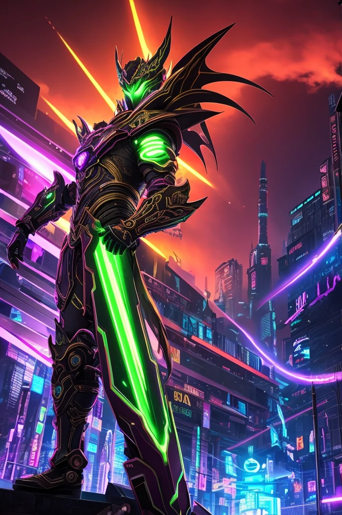 A mythical Kraken ninja stands poised in a neon-lit, dystopian metropolis, rendered in stunning 4K resolution, blending ancient legend with futuristic cyberpunk flair. The ninja's ornate, high-tech armor glows with a mesmerizing iridescent sheen, as intricate circuitry and glowing accents dance across the metallic surface. The dragon's scales shimmer in hues of indigo, violet, and electric blue, while neon accents pulse in fiery oranges and greens, casting an otherworldly glow across the surrounding urban landscape, exuding a sense of cutting-edge, cinematic grandeur.