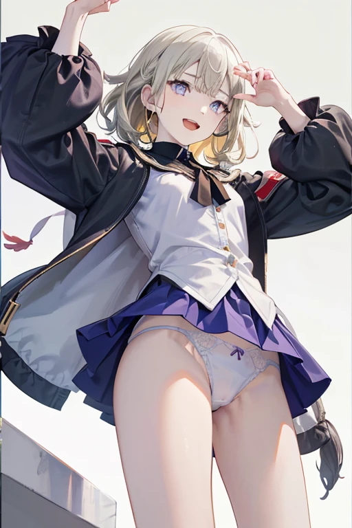  (from below:1.2), a girl , purple color hair、Purplish blue eyes that dreamers desire, (Blonde hair) , small stature, Colossal , Lori, (masutepiece:1.2, Best Quality), (finely detailed beautiful eye: 1.2), (beautifull detailed face), (perky :1.1), (pointed :1.2), (the cocktail magazine cover:1.3)，(Best Illumination, extremely delicate and beautiful),  pose,make a cocktail , in a bar counter, ((Cinematic Light)), Dramatic light, (Pale white background:1.5), Short bob hair（1:3）、Ultra Contrast、Braid a little around the ears, White long dress、only has 5 fingers、cute pants is visible through the white 、cuet pants、You can see inside your 、nffsw, Arms crossed、grab the arm、Shoot from above:1.2,Best Quality、thin Pubic hair,high-level image quality、hightquality、8K,perfect hand、5 fingers、finger pin、Perfect Finger、T back,noise cut、bullet hand、Her hair color should have been a brighter purple.The skirt part is also carefully expressed,Purple skirt、the skirt is floating in the wind、Dark purple panties、thin Pubic hair ,(with sparkling eyes and a contagious smile),open mouth, highest quality, high resolution,Real World, Natural light,perfect Natural light, Looking at Viewer,
