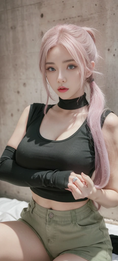 tmasterpiece,, Best quality at best, A high resolution, 1girll, Leona Hydorn, pink hair, eBlue eyes, pony tails, green shorts, cleavage，hason, short Tshirt, Black gloves, large breasts, army suit, 耳Nipple Ring, jewelry, nabel, musculature, cow boy shot 