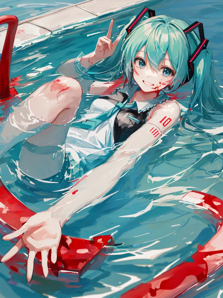 hatsune miku, swimming in a pool of blood, smiling