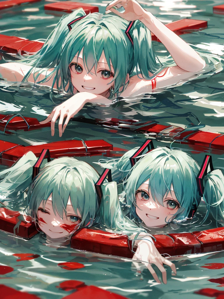 hatsune miku, swimming in a pool of blood, smiling