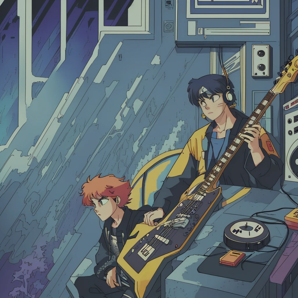 Shot of Naruto sitting near his laptop, font is large (why you), Super detailed, Retro Wave, cyber punk, Sad mood, night light through the window, night vibes, room, 2D, (Long Shot), Wide Shot, (film noise), Old cartoons, (Lots of records:1.3), (masterpiece, Highest quality, Highest quality, Official Art, beautifully、aesthetic: 1.2), (Very detailed, (Fractal Art: 1.4), guitar, (Note: 1.4), ( Lo-fi hip hop), Indoor scenery by the window, Old Anime Texture, alone, speaker, cyber punk, vinyl, night、jazz,speaker,rock、sax,