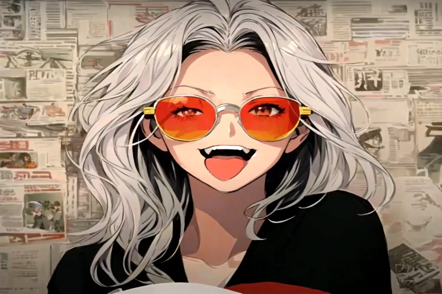 Wear sunglasses、Anime girl with a newspaper in front of her, Young woman anime visual, Cute girl anime visuals, style of madhouse anime, Gray-haired少女, Anime atmosphere, junko enoshima, Gray-haired lady, perfect Gray-haired girl, Gray-haired, Aesthetic award winning anime, Anime Styleに, Anime Style, Anime characters、In a completely different expression