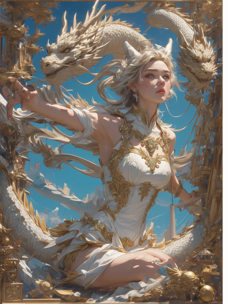 masterpiece, best quality, ultra high res, epic action and dynamic pose, in the style of opaque resin panels, precisionist, ivory, magical girl symbolism, close-up, elaborate borders, surrealistic assemblage,  Dragon and girl, 