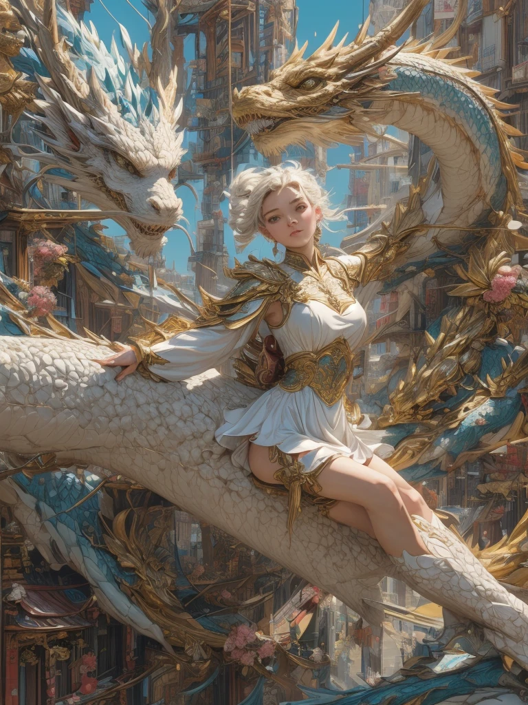 masterpiece, best quality, ultra high res, epic action and dynamic pose, in the style of opaque resin panels, precisionist, ivory, magical girl symbolism, close-up, elaborate borders, surrealistic assemblage, Dragon and girl,