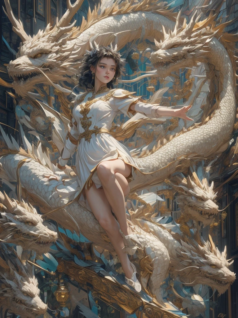 masterpiece, best quality, ultra high res, epic action and dynamic pose, in the style of opaque resin panels, precisionist, ivory, magical girl symbolism, close-up, elaborate borders, surrealistic assemblage,  Dragon and girl, 