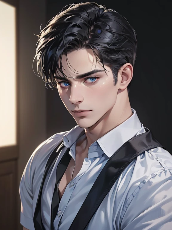(best quality,4k,8k,highres,masterpiece:1.2),ultra-detailed,(realistic,photorealistic,photo-realistic:1.37),1 man,31 years old,mature man,very handsome,(without expression,serious),short black hair,blue eyes(penetrating gaze),imposing posture,businessman,office background,cinematic lighting,hdr image