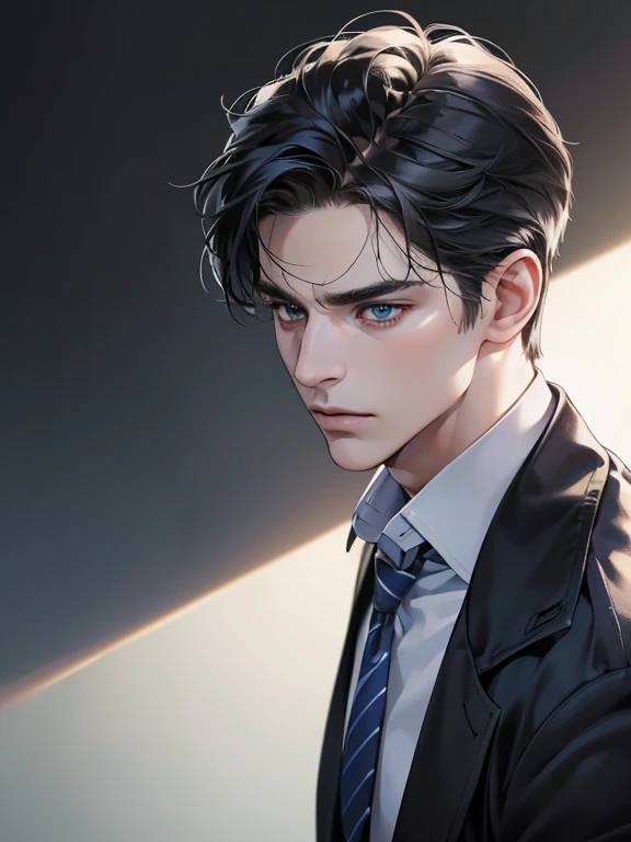 (best quality,4k,8k,highres,masterpiece:1.2),ultra-detailed,(realistic,photorealistic,photo-realistic:1.37),1 man,31 years old,mature man,very handsome,(without expression,serious),short black hair,blue eyes(penetrating gaze),imposing posture,businessman,office background,cinematic lighting,hdr image