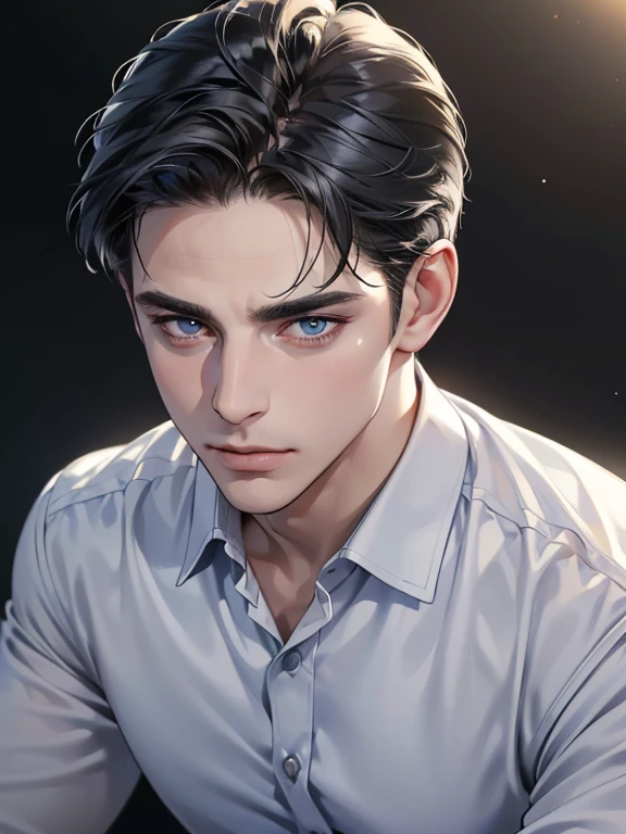 (best quality,4k,8k,highres,masterpiece:1.2),ultra-detailed,(realistic,photorealistic,photo-realistic:1.37),1 man,31 years old,mature man,very handsome,(without expression,serious),short black hair,blue eyes(penetrating gaze),imposing posture,businessman,office background,cinematic lighting,hdr image