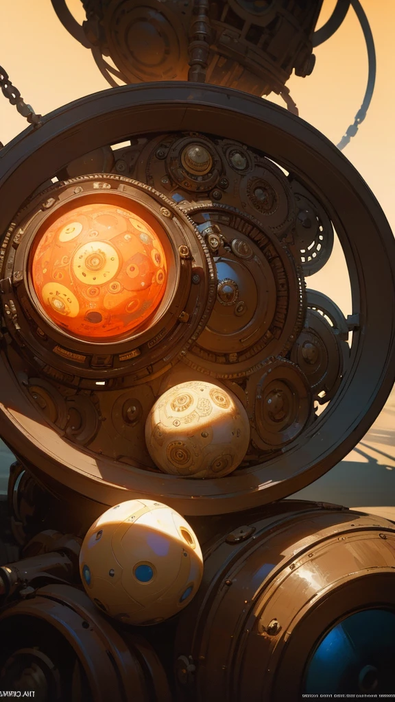 a fearsome steering wheel, with spheres surrounding it that contain great powers, each sphere representing a different color, intricate steampunk design, highly detailed, cinematic lighting, dramatic shadows, vivid colors, photorealistic, 8k, award-winning concept art