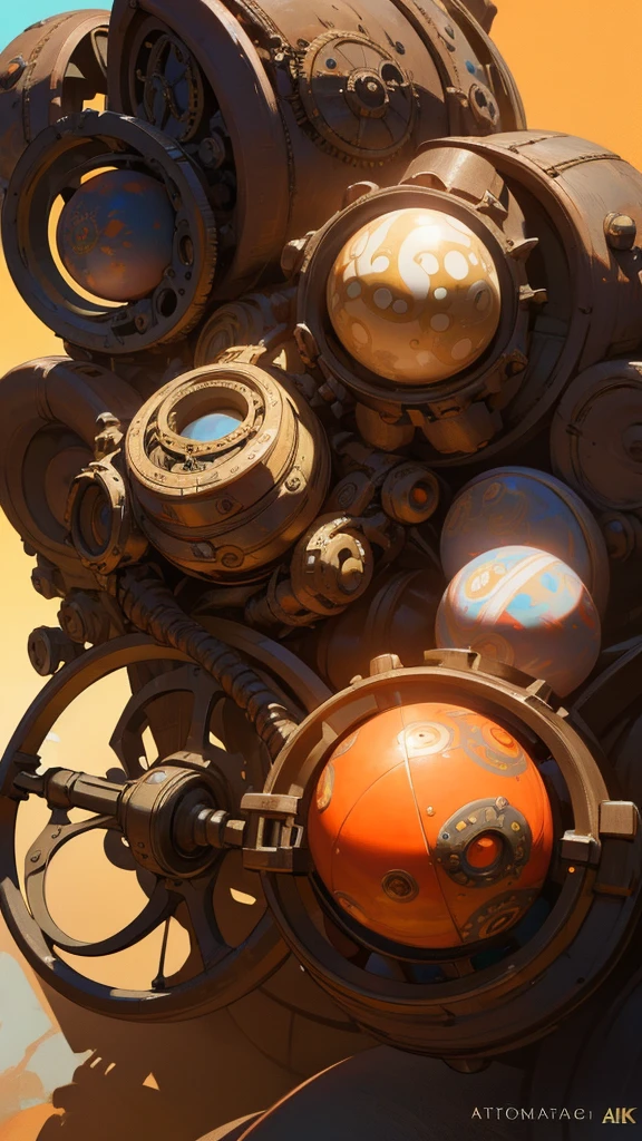 a fearsome steering wheel, with spheres surrounding it that contain great powers, each sphere representing a different color, intricate steampunk design, highly detailed, cinematic lighting, dramatic shadows, vivid colors, photorealistic, 8k, award-winning concept art