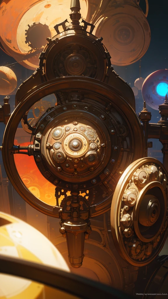 a fearsome steering wheel, with spheres surrounding it that contain great powers, each sphere representing a different color, intricate steampunk design, highly detailed, cinematic lighting, dramatic shadows, vivid colors, photorealistic, 8k, award-winning concept art