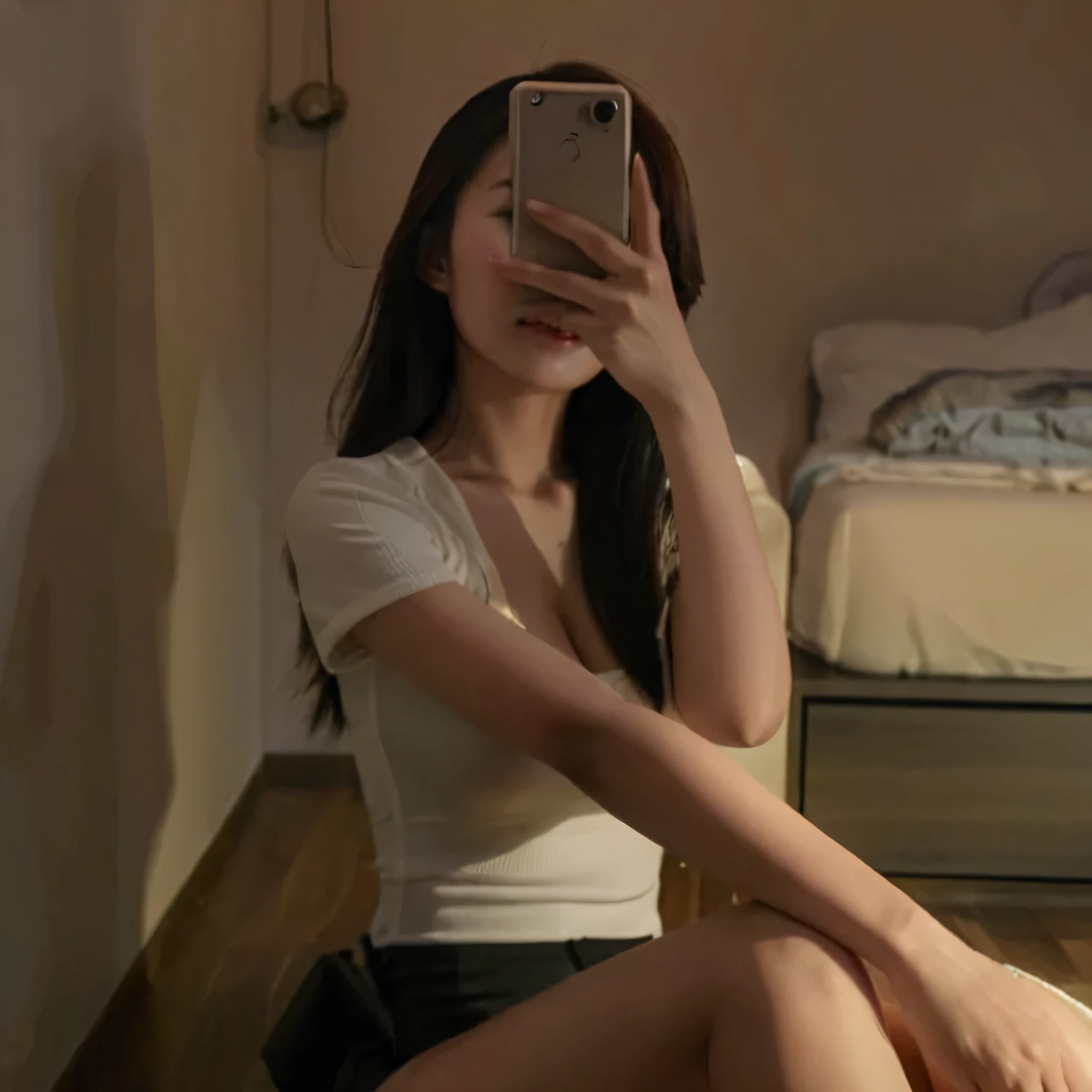 masterpiece, best quality, {best quality}, {{masterpiece}}, {High resolution}, focus, Selfie photo of an Asian woman, Sexy Asian girl taking selfie in mirror using mobile phone, The mobile phone blocks most of the faces， long hair, black hair, heterochromatic eyes, Confident and attractive appearance, True skin color, Perfect body shape, Slender and perfect female fingers，  