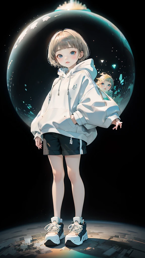 Sleeveless、posing in a dynamic pose、No sleeves、delicate、detailed、high quality、high resolution、4K、high quality、Short Mash Hair、Short Hair、Blonde Hair Color、Turquoise Eyes、White hoodie、Black hot pants、Black sneakers、 high quality、超detailedな、(1 girl in:1.3)、internal、girl, Complex architecture、Lush garden、Designing Peace and Spirituality。Designed with a fisheye effect image that captures a wide field of view with a unique curved viewing angle。Panoramic cityscape、Dramatic Skyline、breather、A sophisticated space with a rooftop view