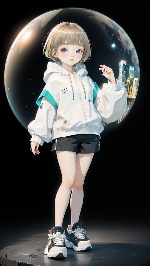 Sleeveless、posing in a dynamic pose、No sleeves、delicate、detailed、high quality、high resolution、4K、high quality、Short Mash Hair、Short Hair、Blonde Hair Color、Turquoise Eyes、White hoodie、Black hot pants、Black sneakers、 high quality、超detailedな、(1 girl in:1.3)、internal、girl, Complex architecture、Lush garden、Designing Peace and Spirituality。Designed with a fisheye effect image that captures a wide field of view with a unique curved viewing angle。Panoramic cityscape、Dramatic Skyline、breather、A sophisticated space with a rooftop view
