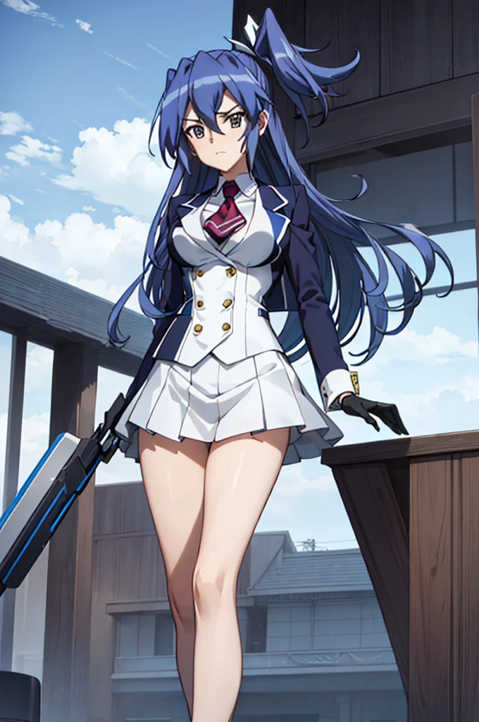 Highest quality, masterpiece, The wind whistles　wing, symphogear, ((Big Breasts)), uniform, blazer, Blue Hair,