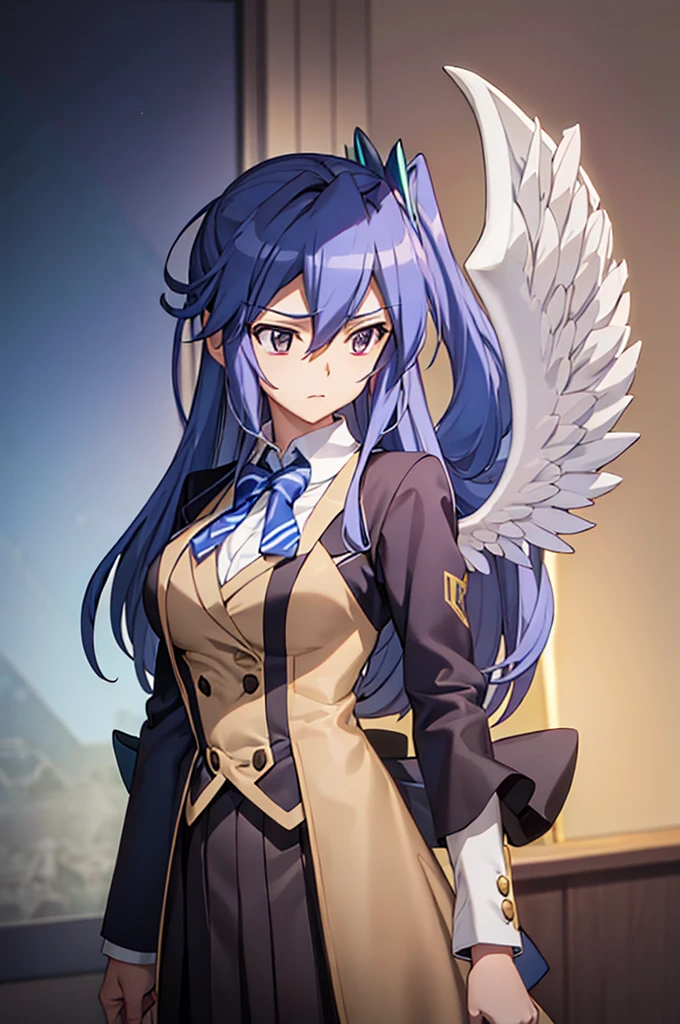 Highest quality, masterpiece, The wind whistles　wing, symphogear, ((Big Breasts)), uniform, blazer, Blue Hair,