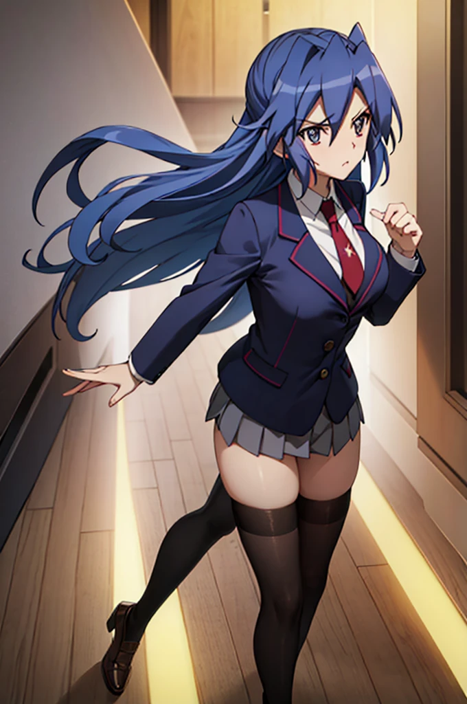 Highest quality, masterpiece, The wind whistles　wing, symphogear, ((Big Breasts)), uniform, blazer, Blue Hair,