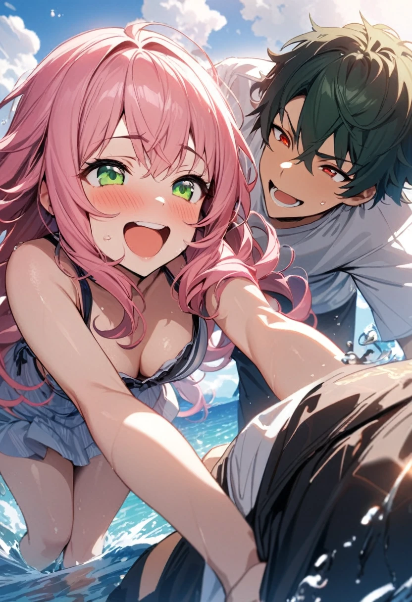 (couple), girl and boy, in the ocean, water fight, laughing, rich in detail, competitive, happy expression, love, wide angle, 1girl, (((masterpiece, best quality, aesthetic, heavenly))), ((girl with red eyes, vibrant pink long hair)), (intimate), 1boy, ((boy with green eyes, short black curly hair))