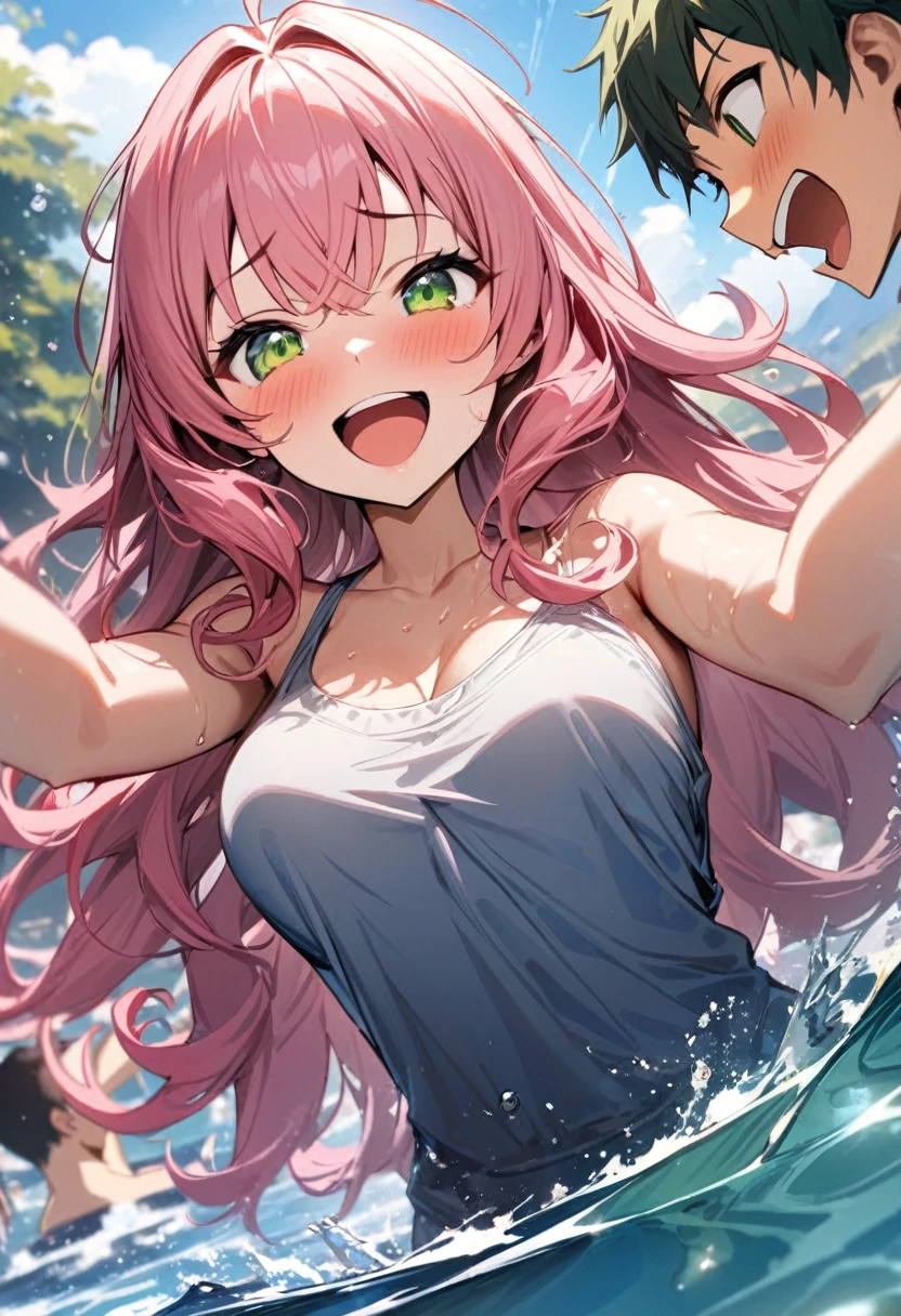 (couple), girl and boy, in the ocean, water fight, laughing, rich in detail, competitive, happy expression, love, wide angle, 1girl, (((masterpiece, best quality, aesthetic, heavenly))), ((girl with red eyes, vibrant pink long hair)), (intimate), 1boy, ((boy with green eyes, short black curly hair))