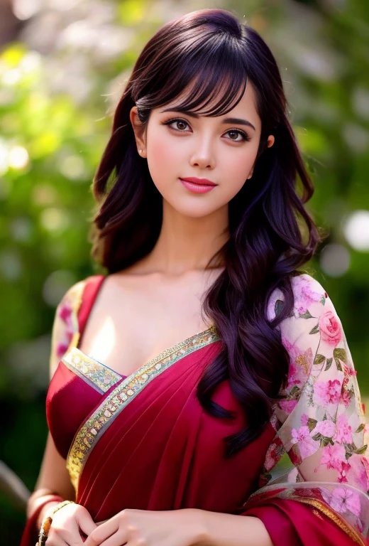 modelshoot style, (extremely detailed CG unity 8k wallpaper), full shot body photo of the most beautiful artwork in the world, stunningly beautiful photo realistic cute women, a hyper realistic ultra detailed photograph, very detailed background, (princess eyes,shiny pupils), detailed symmetric beautiful hazel eyes, detailed gorgeous face,highly detailed, vibrant,professional majestic oil painting by Ed Blinkey, Atey Ghailan, Studio Ghibli, by Jeremy Mann, Greg Manchess, Antonio Moro, trending on ArtStation, trending on CGSociety, Intricate, High Detail, Sharp focus, dramatic, photorealistic painting art by midjourney and greg rutkowski, face like Genelia, wearing floral saree and blouse with matching fashion accessories, busty cleavage